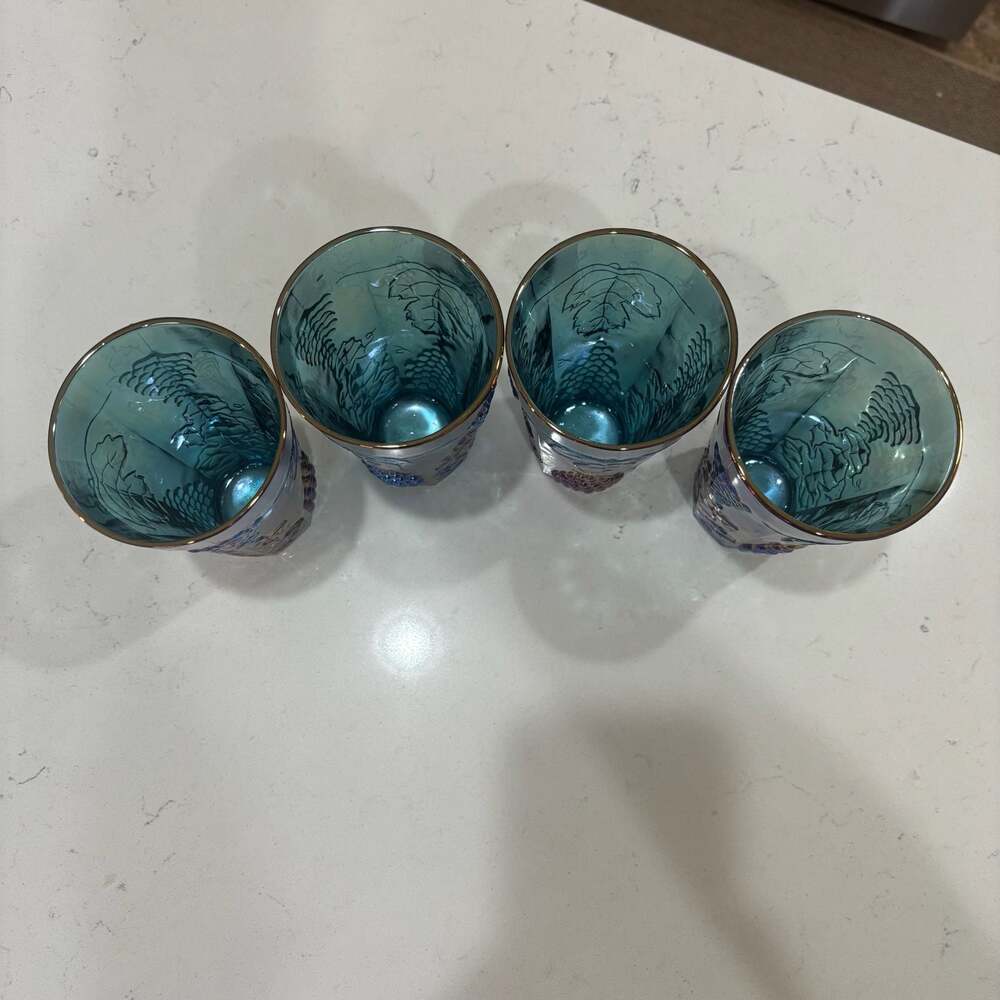 Vintage Indiana Iridescent Blue Carnival Glass Grape Pattern Tumblers Set of 4 - Picture 6 of 8